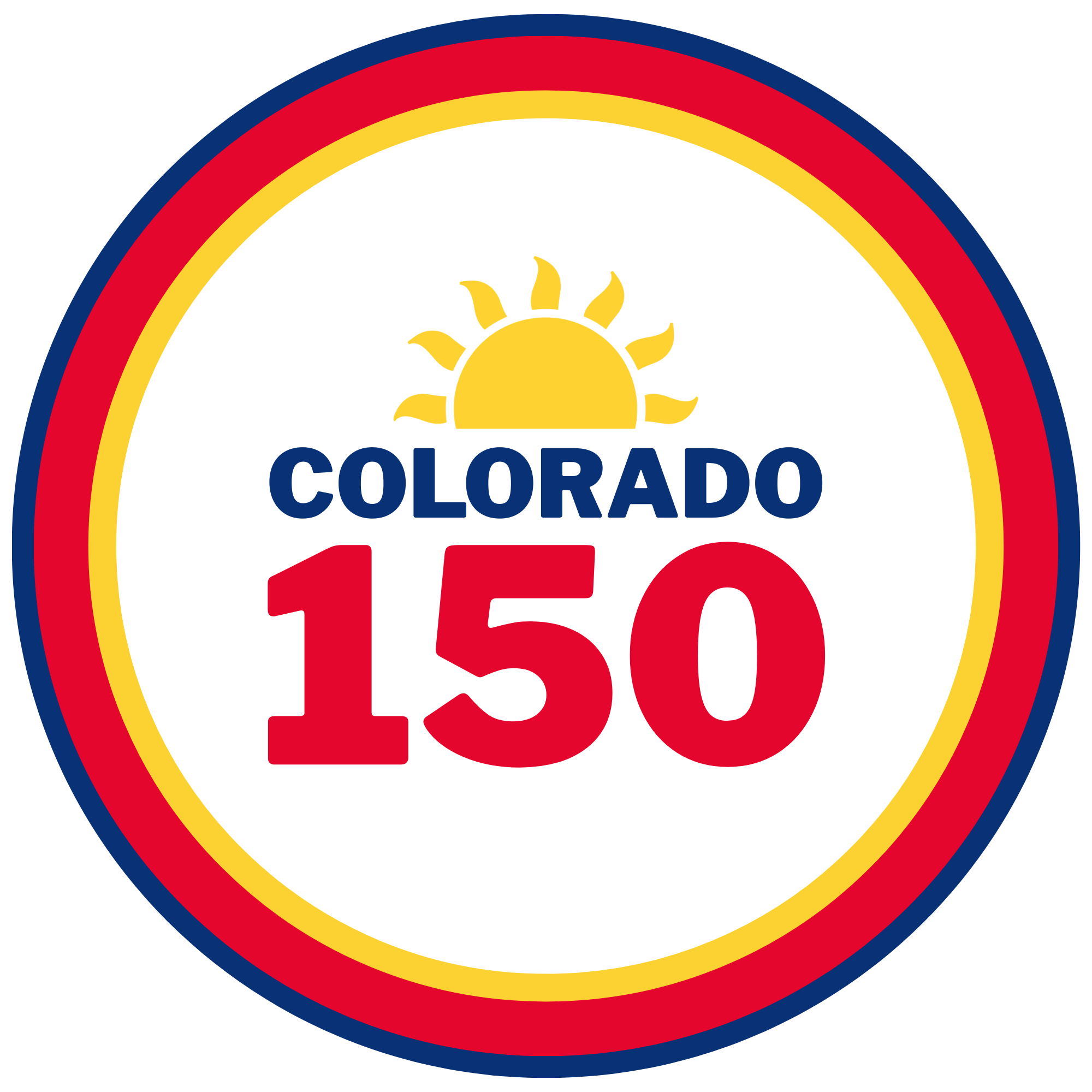 A circular logo with a sun icon above the word "Colorado" and large red numbers "150," surrounded by blue, red, and yellow rings.